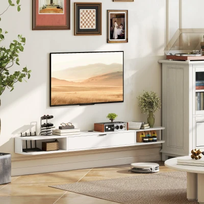 HOMCOM Wand-TV-Möbel, TV-Bank für Fernseher bis 190,5 cm, Klappschublade, 2 Regale, 180x24x16cm, Weiß