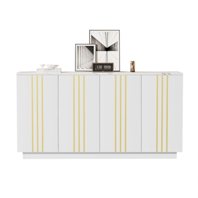Living Room Sideboard with Elegant Metallic Vertical Lines, 140L x 35W x 70H cm, White