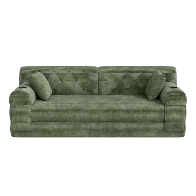 3-Seater Sleeper Sofa with Corduroy High-Back and High-Density Foam, 208L x 80W x 81H cm, Green