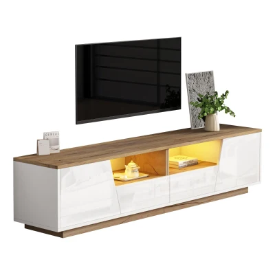 LED TV Stand with App-Controlled Ambient Lighting, 180L x 40W x 46H cm, White+Oak
