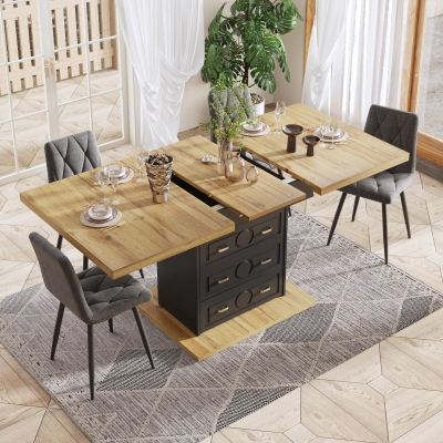 Extendable Dining Table with Wood-Grain High-Density MDF Top, 110L x 80W x 75H cm, Black