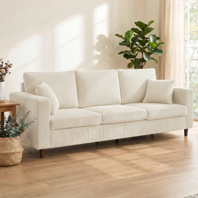 HOMCOM 3-Sitzer-Sofa aus Cordvelours, Modernes Wohnzimmersofa 225 cm, Breite Sitzfläche, Federkernkissen, Creme
