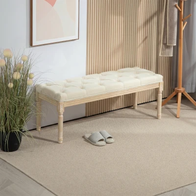 HOMCOM Banqueta Capitoné 115 cm para Pie de Cama Acolchada en Efecto Lino con Madera de Hevea Crema