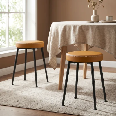 HOMCOM 2er-Set runde Esszimmerstühle, stapelbare Küchenstühle mit gepolsterter PU-Sitzfläche, braun und schwarz