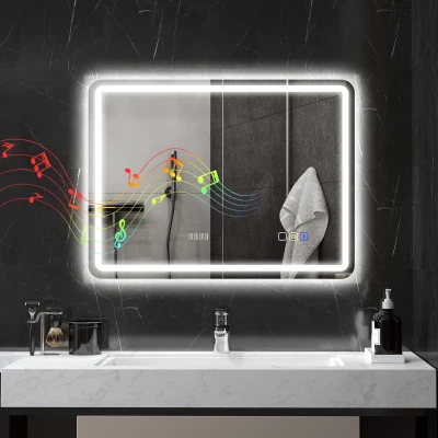 HOMCOM Espejo de Baño con Luz LED 80x60 cm con Bluetooth 3 Colores de Luz Reloj Digital Función Antivaho Función de Memoria