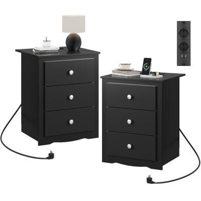 Nachttisch mit 3 Schubladen, integrierte Ladestation, modernes rustikales Design, 46.5x39.6x58.7 cm, Schwarz