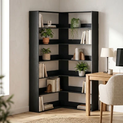 HOMCOM 7-Tier L-Shaped Bookshelf Wood Effect Black