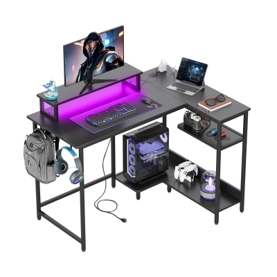 L-förmiger Gaming-Schreibtisch, ergonomischer Monitorhalter, doppelte offene Regale, 122x80x87.5 cm, Schwarz