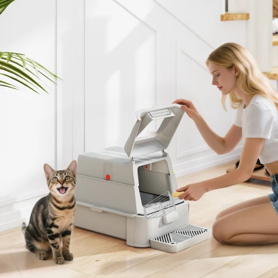 PawHut Caixa de Areia para Gatos de Aço Inoxidável XL com Tampa Articulada 180° Laterais Altas Pedal Pá 63x43x43 cm Cinza Claro