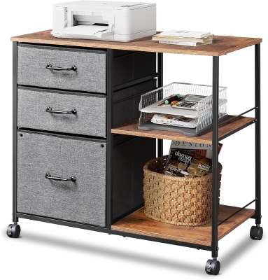 Rollcontainer mit Hängeregister, breite Holzplatte als Druckerunterlage, 4 Rollen (2 feststellbar), 75.5x40x67.5 cm, Braun