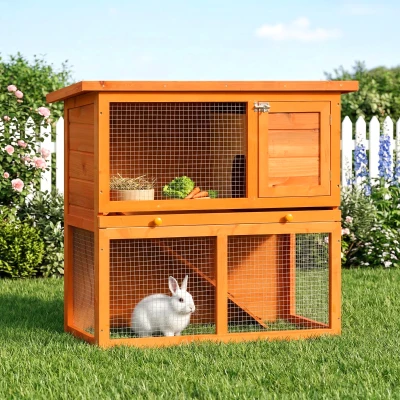 PawHut Conejera de Madera 90x45x80 cm Jaula para Conejos Jaula para Cobaya con Corral de Metal Techo Asfáltico Bandeja Extraíble y Rampa para Exterior Natural
