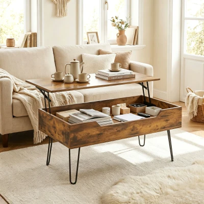HOMCOM Mesa de Centro con Tapa Elevable Compartimento Oculto Patas de Acero 95x50x40 cm Marrón Rústico