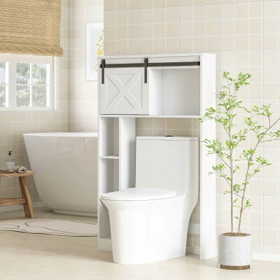 HOMCOM Meuble WC Blanc avec Porte Coulissante et Étagère Ajustable