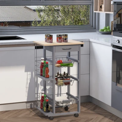 HOMCOM Carrito Auxiliar con Ruedas Carrito de Cocina con 3 Cestas Metálicas Cajón 2 Especieros 47x37x83 cm Gris