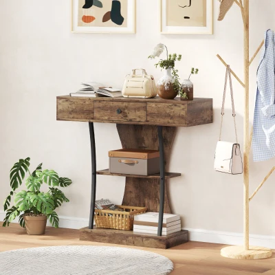 HOMCOM 3-Tier Console Table with Drawer Rustic Brown
