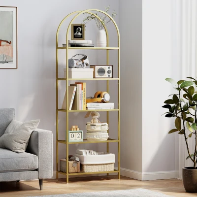 HOMCOM Estantería de Vidrio de 5 Niveles Estantería Almacenaje Estructura Arqueada Librería Estrecha 60x30x175 cm Dorado