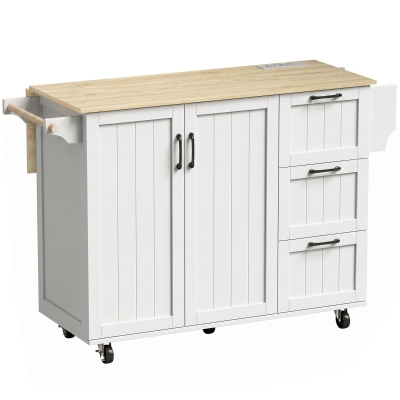 HOMCOM Isla de Cocina con Encimera Extensible Estación de Carga Ruedas 2 Puertas 3 Cajones Especiero y Toallero Blanco