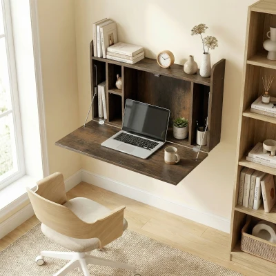 HOMCOM Mesa de parede suspensa para computador com prateleira dobrável e arrumação - 77 x 20 x 51 cm