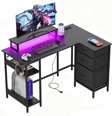 L-förmiger Eckschreibtisch mit integrierter LED-Beleuchtung, 3 Stoffschubladen, 2 offene Ablagen, 123x80x75 cm, Schwarz