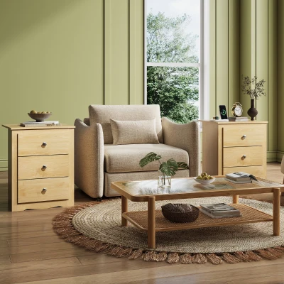 Nachttisch mit 3 Schubladen, integrierte Ladestation, modernes rustikales Design, 46.5x39.6x58.7 cm, Hell-Eiche