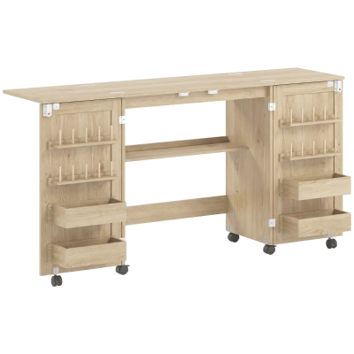HOMCOM Mesa de Costura Plegable con 6 Ruedas 20 Clavijas para Hilos 4 Compartimentos Estante Roble