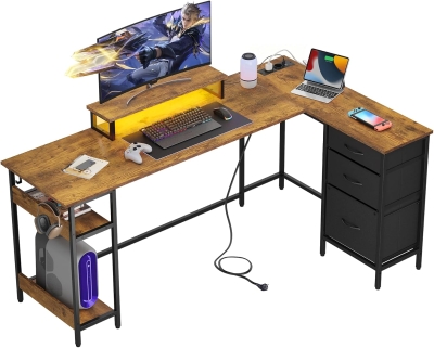 L-förmiger Eckschreibtisch, app‑steuerbare LED und integrierte Stromstation, 167.5x50x87.5 cm, Braun