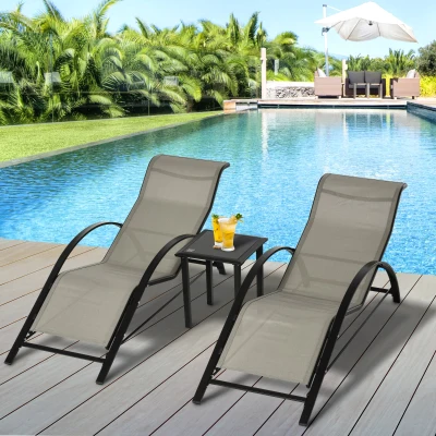 Outsunny Bain Soleil + Table Verre Textilène Gris 2pcs