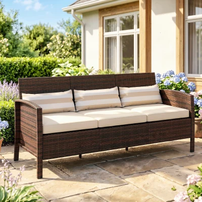 Outsunny Divano 3 Posti Esterno in Rattan PE con Cuscini Marrone