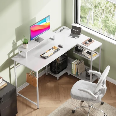 L-förmiger Eckschreibtisch mit RGB-LED, offene Ablagefächer, ergonomischer Monitoraufsatz, 122x80x87.5 cm, Weiß