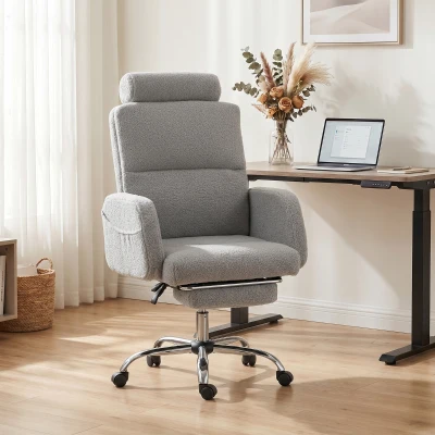 HOMCOM Silla de Escritorio con Reposapiés Tapizada en Borreguito con Respaldo Reclinable Reposacabezas Ajustable Gris Claro