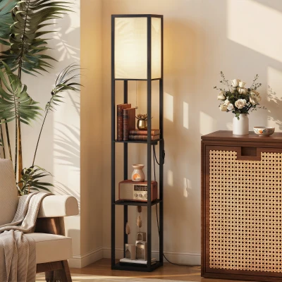 HOMCOM LED vloerlamp met planken, dimbaar, kettingschakelaar & stekkerdoos, zwart