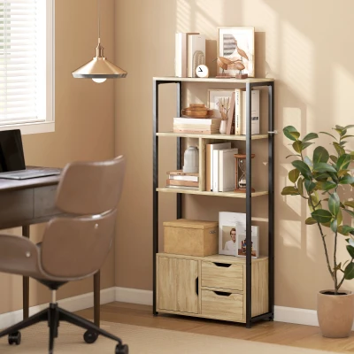 HOMCOM 4-Tier Ladder Bookcase Cabinet Drawers Wood Natural