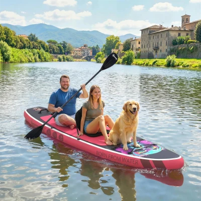 Outsunny SUP gonflabil cu scaun, vâslă și accesorii, din plastic și EVA, 335x82x15 cm, albastru și roz