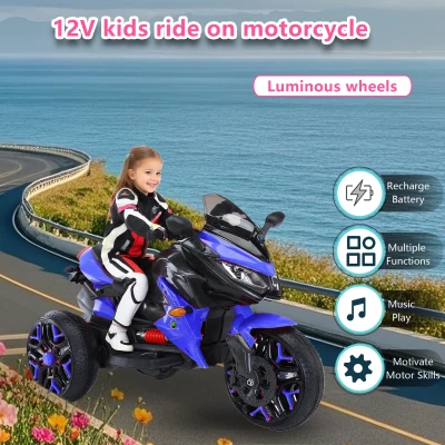 12V Kinder-Elektromotorrad, LED-Licht & leuchtende Räder, Bluetooth-Musik, 115x59x73 cm, Blau