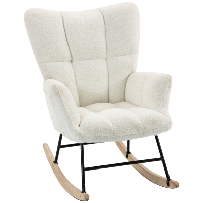 HOMCOM Rocking Chair Tufted Wingback Rubber Wood Cream White