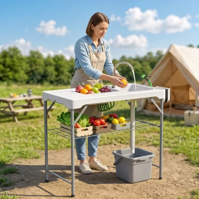 Outsunny Folding Fish Cleaning Table Portable Sink Faucet White