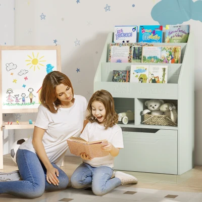 HOMCOM Estantería Infantil de Madera con 3 Compartimentos 2 Cubos y Cajón Móvil con 4 Ruedas 60x29,9x90 cm Verde