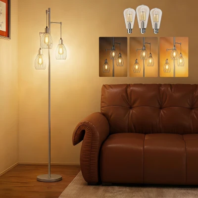 HOMCOM Industrial 3-Light Floor Lamp Steel 170.5cm Silver
