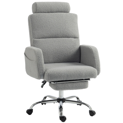 HOMCOM Silla de Escritorio con Reposapiés Tapizada en Borreguito con Respaldo Reclinable Reposacabezas Ajustable Gris Claro