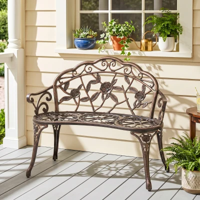 Outsunny Tuinbank 2-zits van metaal, zitbank in retrostijl, parkbank met bloemmotief 100 x 54 x 78 cm, Brons