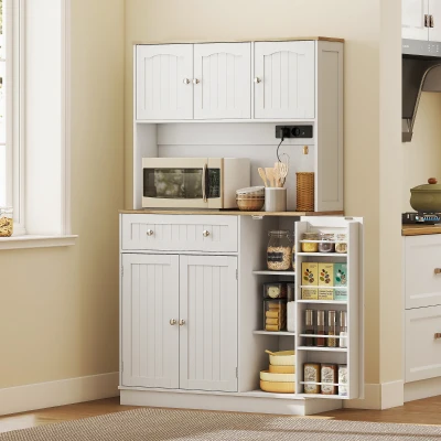 HOMCOM Armário de Cozinha Alto com Estação de Carregamento 6 Portas 1 Gaveta Prateleiras Ajustáveis 4 Prateleiras 100x40x173 cm Branco