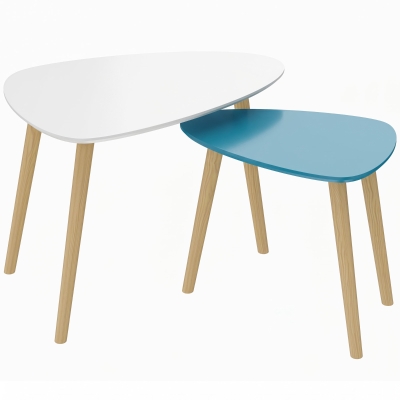 HOMCOM Lote de 2 Mesas Nido Diseño Escandinavo Patas de Madera y Tablero de Madera Blanco y Azul