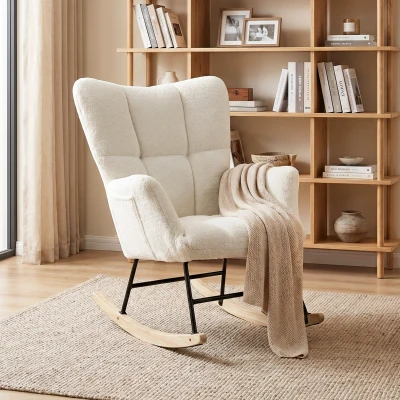 HOMCOM Rocking Chair Tufted Wingback Rubber Wood Cream White