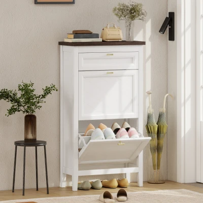 HOMCOM Shoe Cabinet 2 Flip Drawers Adjustable Shelves White
