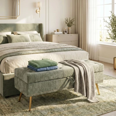 HOMCOM Chenille Storage Ottoman Metal Legs 114x41x45cm Light Green