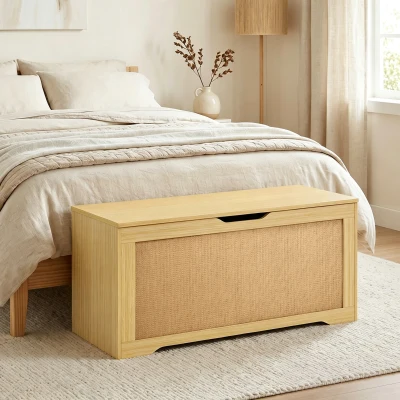 HOMCOM Banc Coffre Rotin 136L Couvercle Relevable Chêne