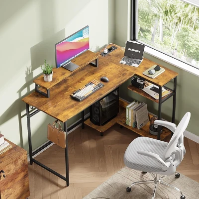 L-förmiger Eckschreibtisch mit RGB-LED, offene Ablagefächer, ergonomischer Monitoraufsatz, 122x80x87.5 cm, Braun