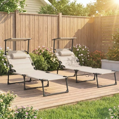 Outsunny Lot 2 Transats Pliables Crème Dossier Réglable