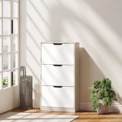 HOMCOM Meuble à Chaussures 3 Portes 18 Paires Chêne Blanc