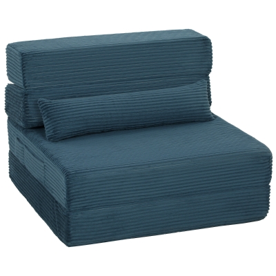 HOMCOM 3‑in‑1 Klapp‑Schlafsofa, 1‑Sitzer klappbarer Sessel in Kordvelours, Seitentaschen, Kopfkissen, Blau